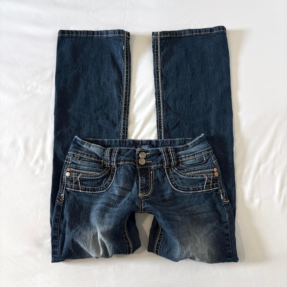 Angels Low Rise Flap Pocket Jeans Women Size 9 Dark Wash Blue Flare Y2K Denim